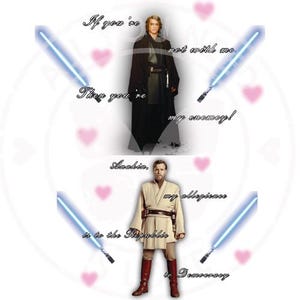 May include: An image featuring two characters from a science fiction film, with blue lightsabers and text. One character is in a black cloak, the other in tan robes. The text includes the phrases "If you're not with me, then you're my enemy!" and "my allegiance is to the Republic."