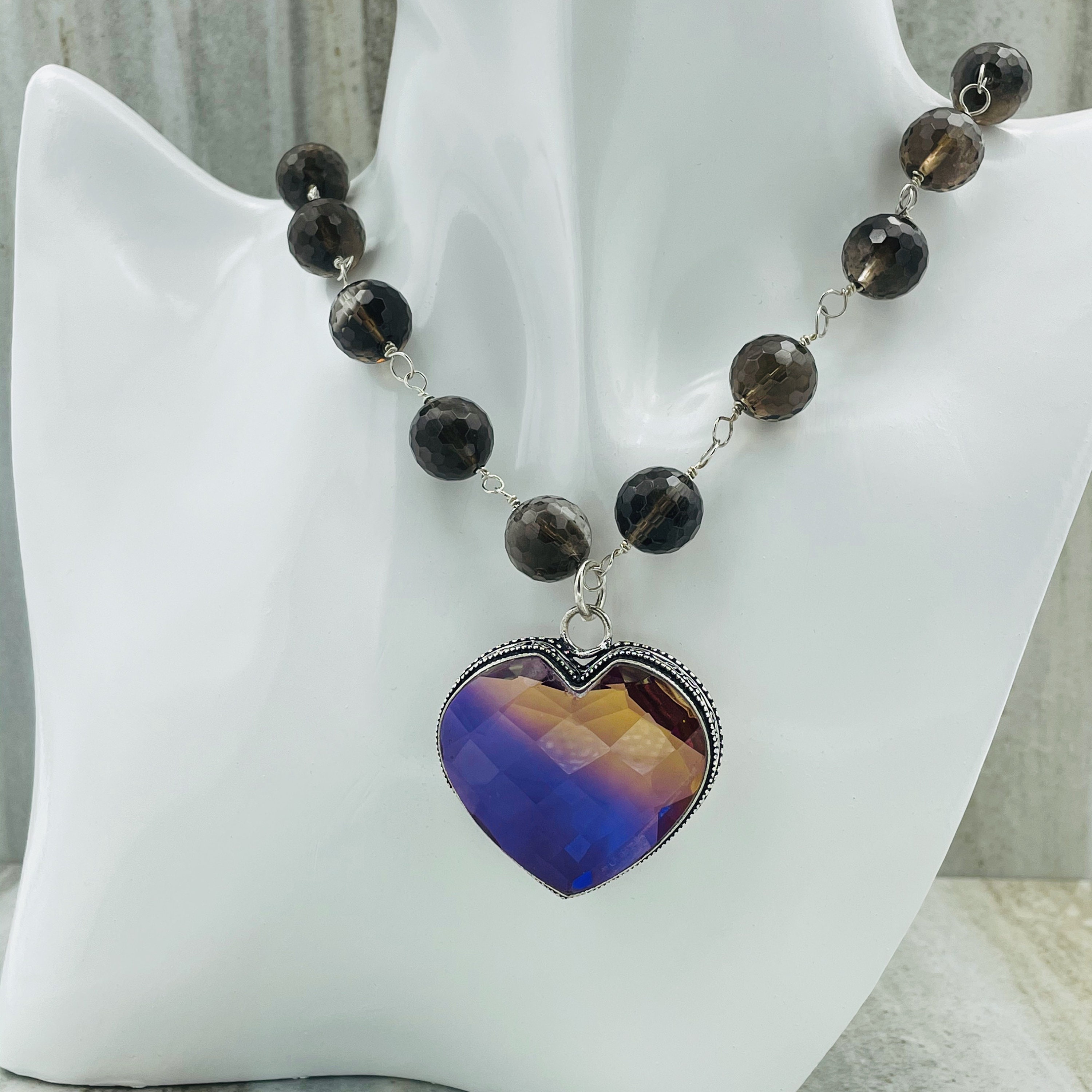 Mystic Topaz Heart Pendant on a Necklace of Smokey Topaz Beads. Wrapped ...
