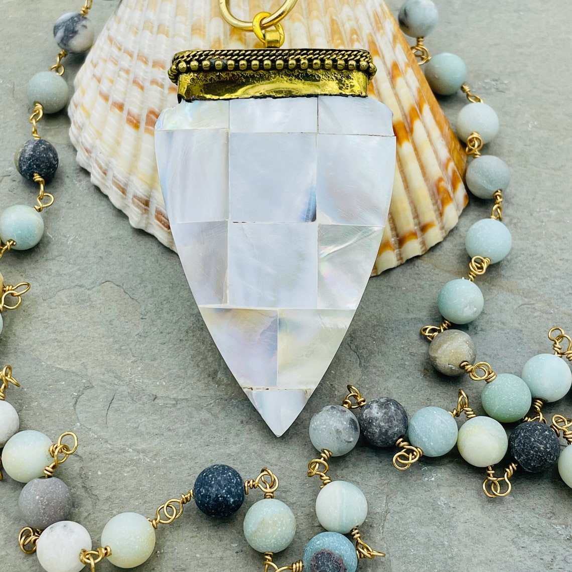 Amazonite Bead Necklace Large Mother of Pearl Pendant, Multi Color