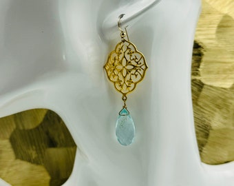 Aquamarine Chandelier Earrings with Gold Pendant