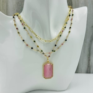 Rose Quartz Necklace Multi Strand Necklace Tourmaline Necklace Statement Necklace Free Shipping Gold Necklace Gemstone Necklace Gift for Her