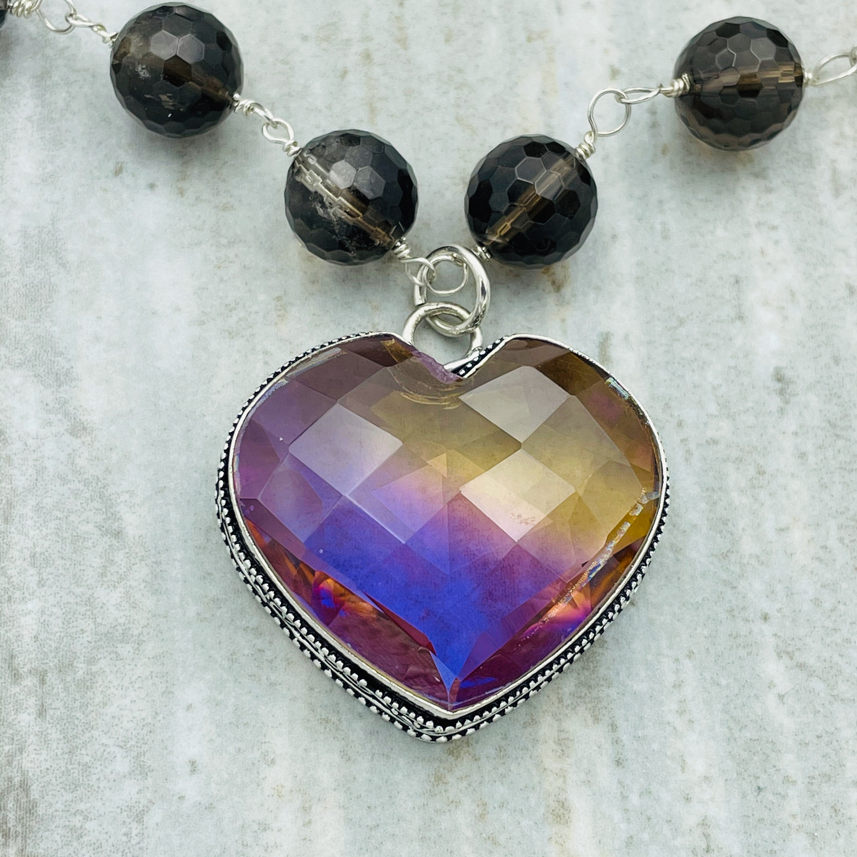 Mystic Topaz Heart Pendant on a Necklace of Smokey Topaz Beads. Wrapped ...