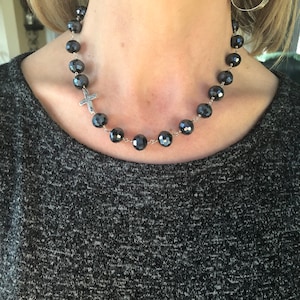 Hematite Necklace, Sterling Silver Hand Made Hammered Cross, Sterling Silver Hook Closuer, Ideal for Evening Wear, Gift For Her