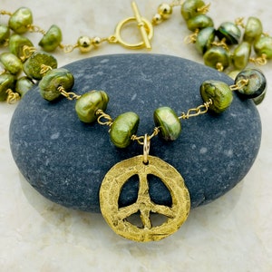 Fresh Water Pearl Necklace Gold Filled Toggle Hand Wrapped Free Shipping Peace18l  Pendant Green Pearl Gift for Her Necklace BoHo Style 18&quot;