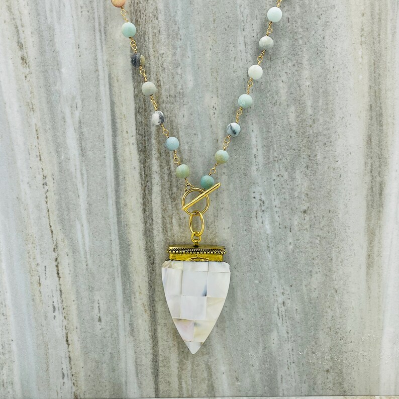 Amazonite Bead Necklace Large Mother of Pearl Pendant, Multi Color