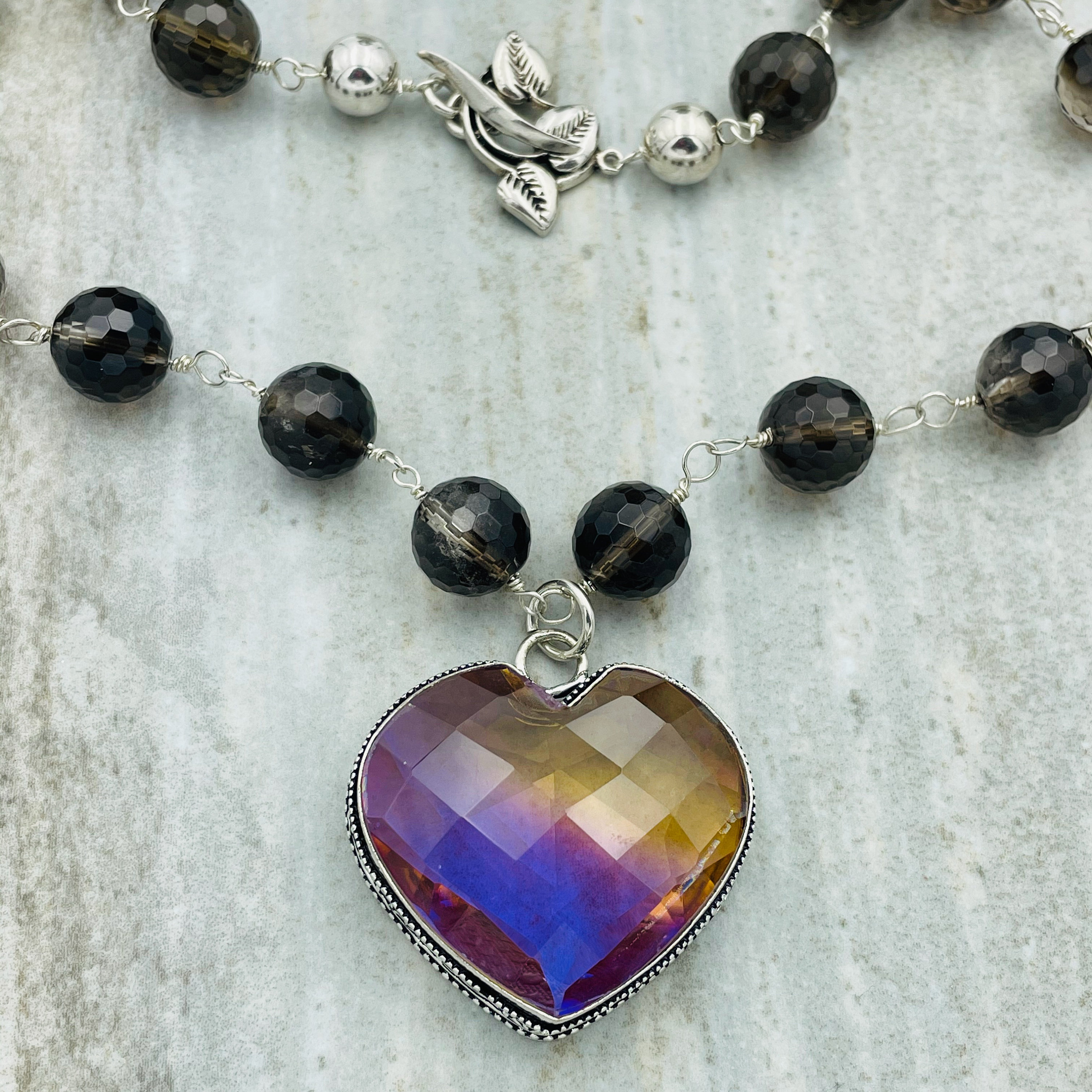 Mystic Topaz Heart Pendant on a Necklace of Smokey Topaz Beads. Wrapped ...