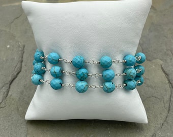 Faceted Turquoise Bracelet, Sterling Silver, Multi Strand