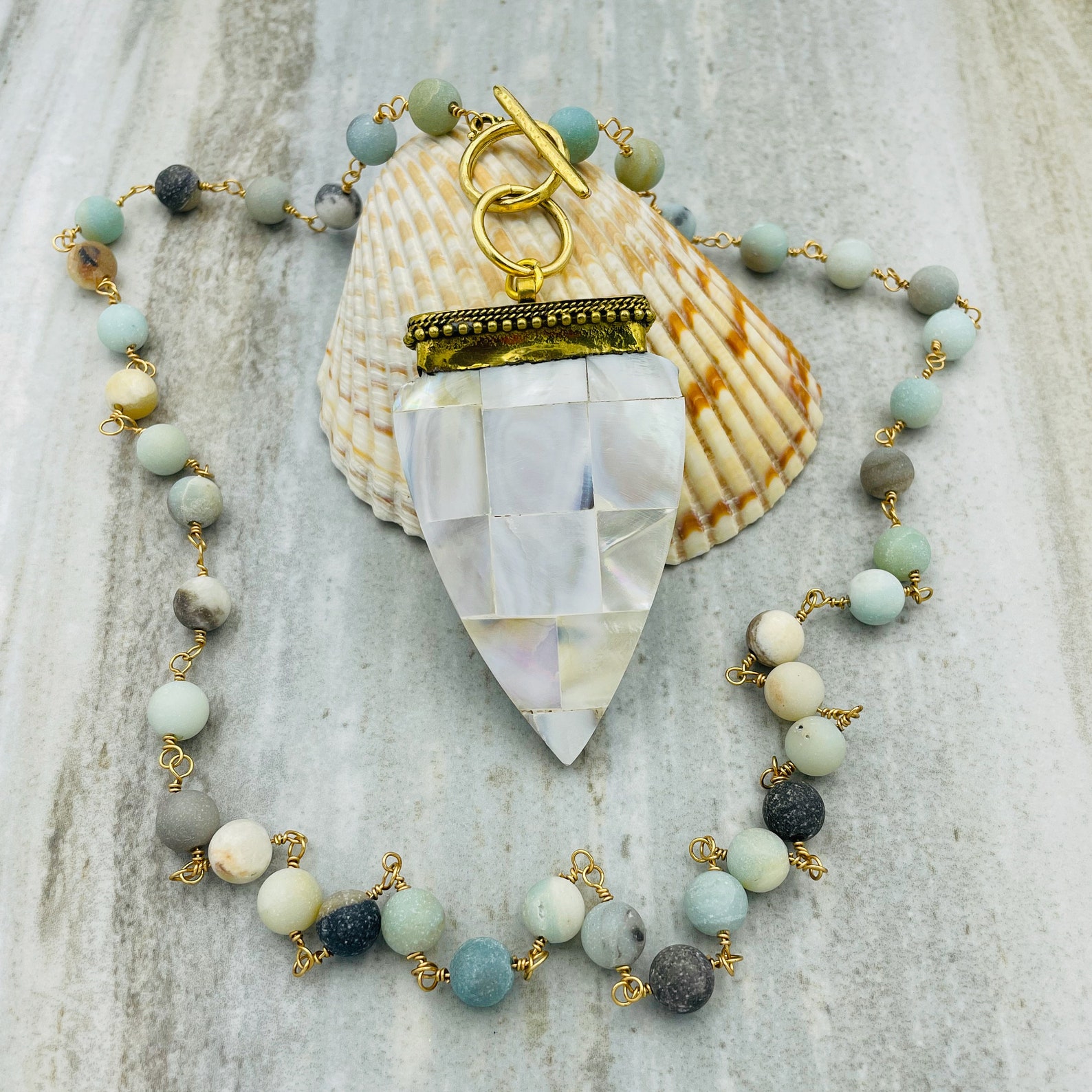 Amazonite Bead Necklace Large Mother of Pearl Pendant, Multi Color