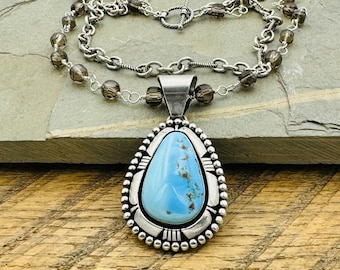 Turquoise Pendant Necklace, Smokey Quartz Beads, Sterling Silver