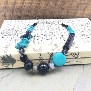 Turquoise Black Onyx Agate Necklace, Gemstone Necklace, BoHo Necklace, Everyday Beaded Necklace, Multi Beads Art Deco Necklace