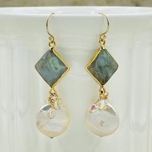 Labradorite Earrings: Coin Pearl & Swarovski Crystal, 14K Gold Filled