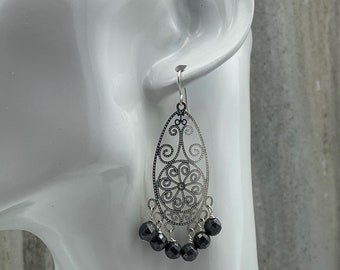 Silver Filigree Dangle Earrings with Hematite Beads