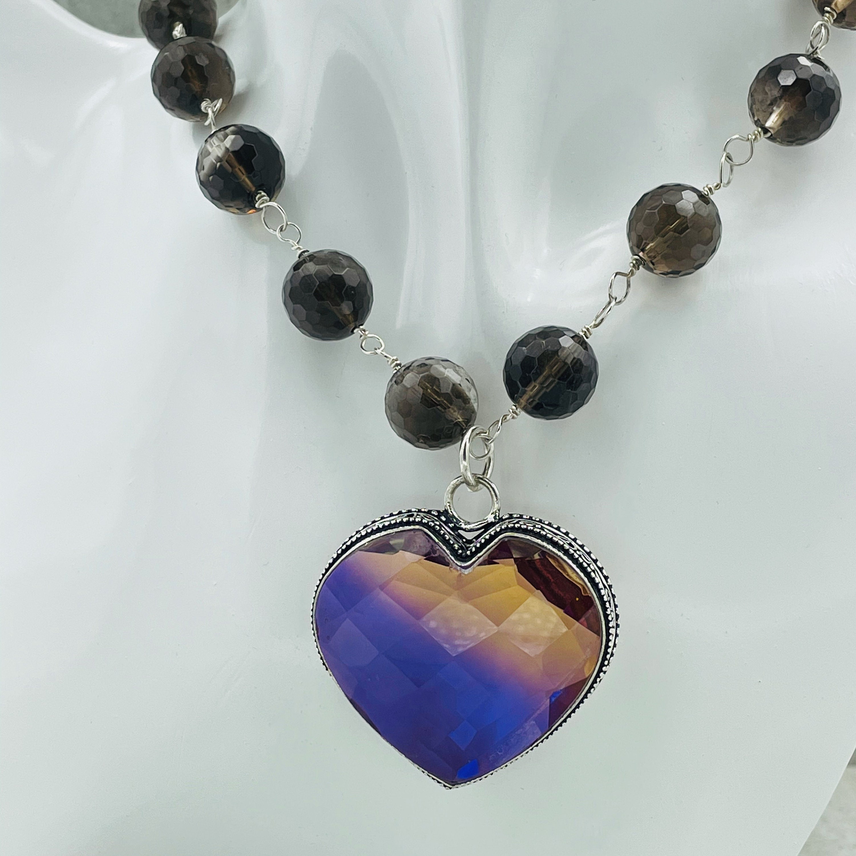 Mystic Topaz Heart Pendant on a Necklace of Smokey Topaz Beads. Wrapped ...