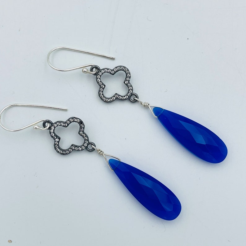 Faceted Chalcedony Blue Pave Set Connector Earrings Holiday Gift for Her Free Shipping Wire Earrings Drop Earrings Hand Wrapped Everyday!!!