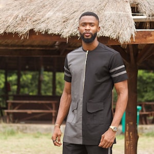 KUFRE - Men&#39;s African Shirt - Two Tone Ankara Short Sleeve Shirt -  Black and Grey - African Fashion Shirt for Men