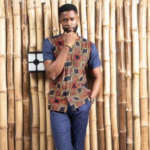 TENE Mens African Print Ankara Suit - Red|blue - Short Sleeve Suit - African Clothing for Men
