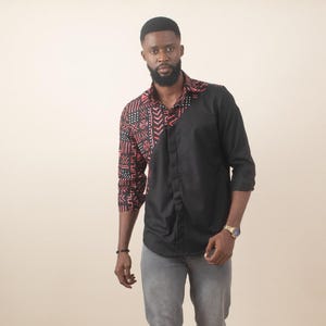 Last Chance - Size S - Kamara Men&#39;s Asymmetric Shirt in Black and Red Ankara Print - Long Sleeve African Print Shirt