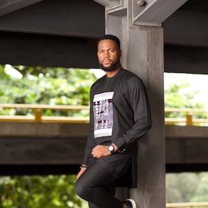 Last Chance - Size 2XL - BERHANE African Print Men&#39;s Shirt - Long Sleeve Black Shirt with Bold Ankara Front Panel