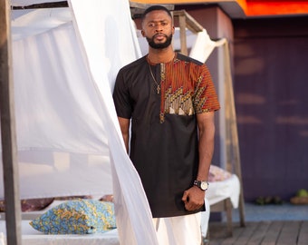 DELE Mens African Shirt - Short Sleeve African Shirt - Geometric Ankara Print