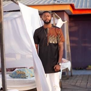 DELE Mens African Shirt - Short Sleeve African Shirt - Geometric Ankara Print