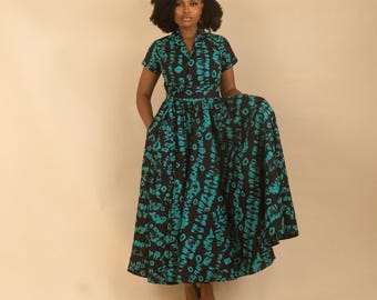 SANYU Ankara African Print Maxi Shirt Dress | Notched Collar | Belt | UK Sizes 6–24 | Handmade in Nigeria