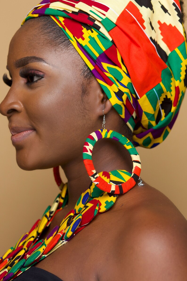 OVIEYA African Head Wrap and Jewellery Set Gift Ankara Head Wrap Ankara Necklace African Earrings Ankara Bangle image 3