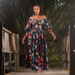 ESOSA African Print Off Shoulder Maxi Dress - Floral Ankara Maxi Dress - African Fashion