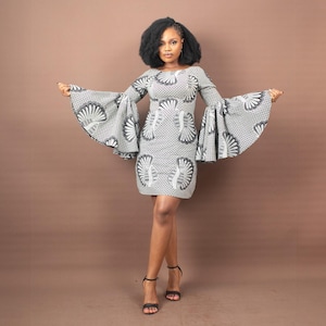 Última oportunidad - Talla 10 (Reino Unido) / Talla 6 (EE. UU.) - Vestido BIOLA con estampado africano y mangas acampanadas / Minivestido Ankara con mangas acampanadas / Ropa africana para mujer