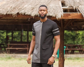 KUFRE - Camicia africana da uomo - Camicia a maniche corte Ankara bicolore - Nero e grigio - Camicia africana alla moda per uomo / Vedi l'inserzione per ...