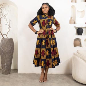 Vestido camisero midi plisado DALU Ankara / Estampado de caballo único / Listo para enviar / Hecho a mano en Nigeria