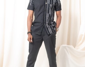 Camicia da uomo IDIR con stampa africana / Tessuto Ankara ispirato al mudcloth / Collo a vescovo / Taglie S–4XL / Realizzata a mano in Nigeria