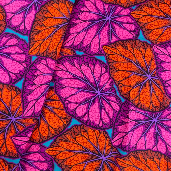 Tissu africain à imprimé feuilles rose orange | par mètre et demi-mètre | Tissu de couture | Tissu artisanal | Coton matelassé | Tissu en coton