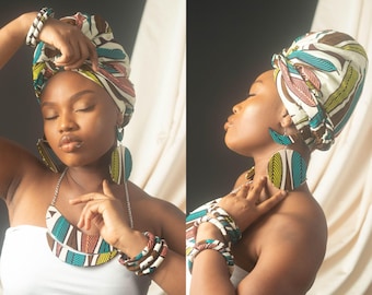 NEVAEH Set di gioielli Ankara e fascia per capelli abbinata / Orecchini, collana e bracciali / Venduti separatamente / Realizzati a mano in Nigeria