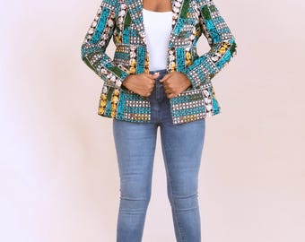 Blazer con estampado africano Ankara de MAKEDA / Chaqueta africana de mujer a medida / Tallas del Reino Unido 6–24 / Hecho a mano en Nigeria