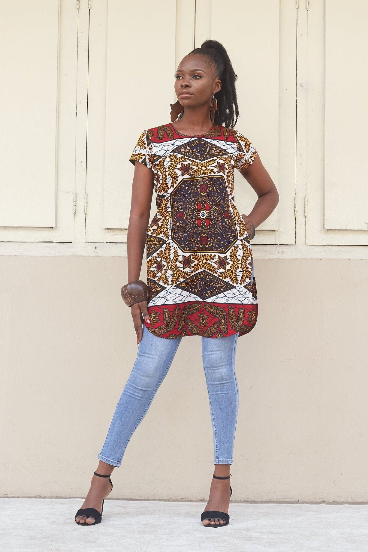Image of Africa Top/Ankara Tunic African Print For Women Red & White - Deka
