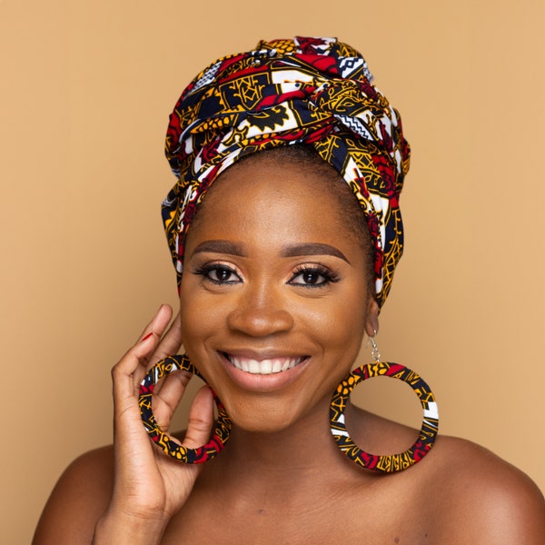 Dayo African Head Wrap mit Auswahl an passenden afrikanischen Stoff Ohrringen | Afrikanisches Geschenk für Sie