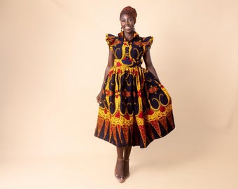KENNA Ankara Shirt Midi Dress | Ruffle Sleeves | Detachable Belt | Pockets | UK Sizes 6–24 | Handmade in Nigeria