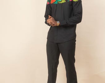 Camicia da uomo a maniche lunghe con stampa africana XOESE / Spalle e colletto in tessuto Ankara / Taglie dalla S alla 4XL / Realizzata a mano in Nigeria