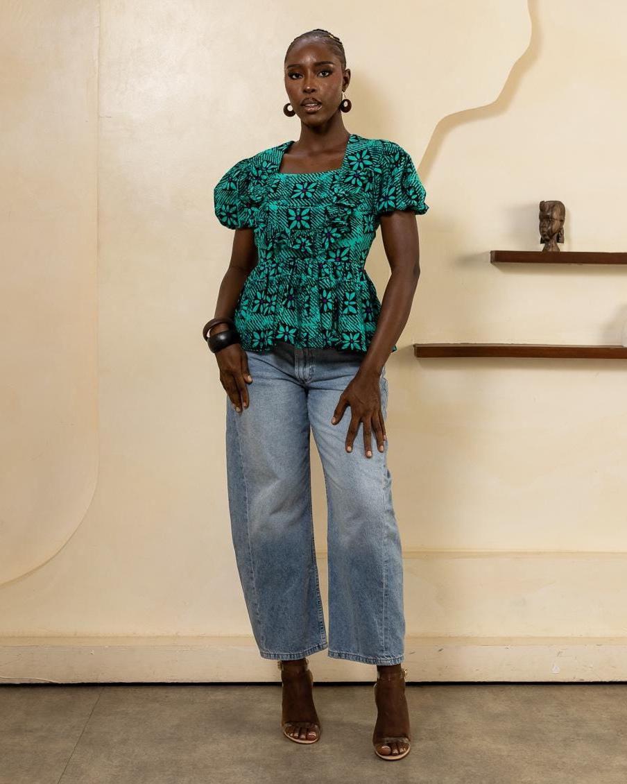 TAJI Teal Ankara Peplum Top | Puff Sleeve African Print Blouse