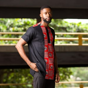 Last Chance - Size S & M - JELA Mens Short Sleeve Ankara Shirt - Adinkra African Print Shirt - Red/Black - African Clothing for Men