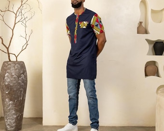 Camicia da uomo a maniche corte con stampa africana DAYO / Ankara geometrica / Taglie S–4XL / Realizzata a mano in Nigeria