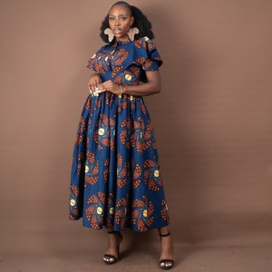 HIJA African Print Ankara Midi Dress, Blue - Elegant Ankara Print Dress - Midi Dress - African Clothing for Women