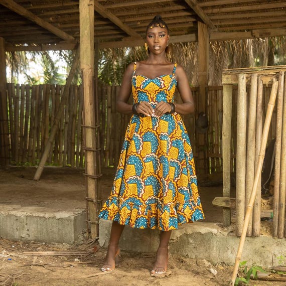 EREBI African Print Yellow Midi Dress | Fit and Flare | Pockets | UK Sizes  624 | Handmade in Nigeria | Summer Dress - Etsy Canada
