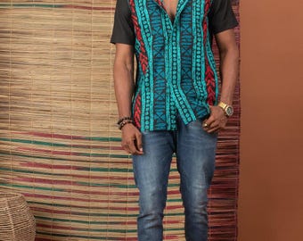AKONI Men's African Print Shirt | Contrasting Ankara Front | Slim Fit | Sizes S–4XL | Handmade in Nigeria