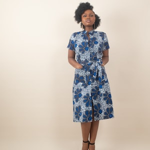 Vestido camisero midi con estampado africano SALINA, azul / Vestido camisero Ankara / Vestidos africanos para mujer / Ropa africana para mujer