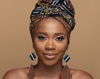 DELE Ankara Kopftuch mit einer Auswahl an passenden afrikanischen Ohrringen | Geschenk | Afrikanische Kopftuch | Ankara Tropfen Ohrringe | Ankara Ohrstecker
