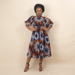 AYANNA Womens Puff Sleeve African Print Midi Dress - Vibrant Floral Ankara Dress - African Clothing for Women
