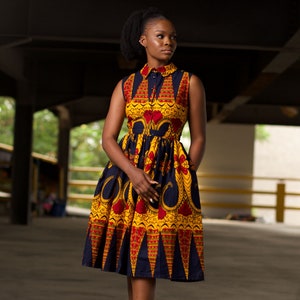 Vestido midi con estampado africano KENNA - Vestido Ankara - Vestido camisero con estampado africano - Tallas grandes disponibles