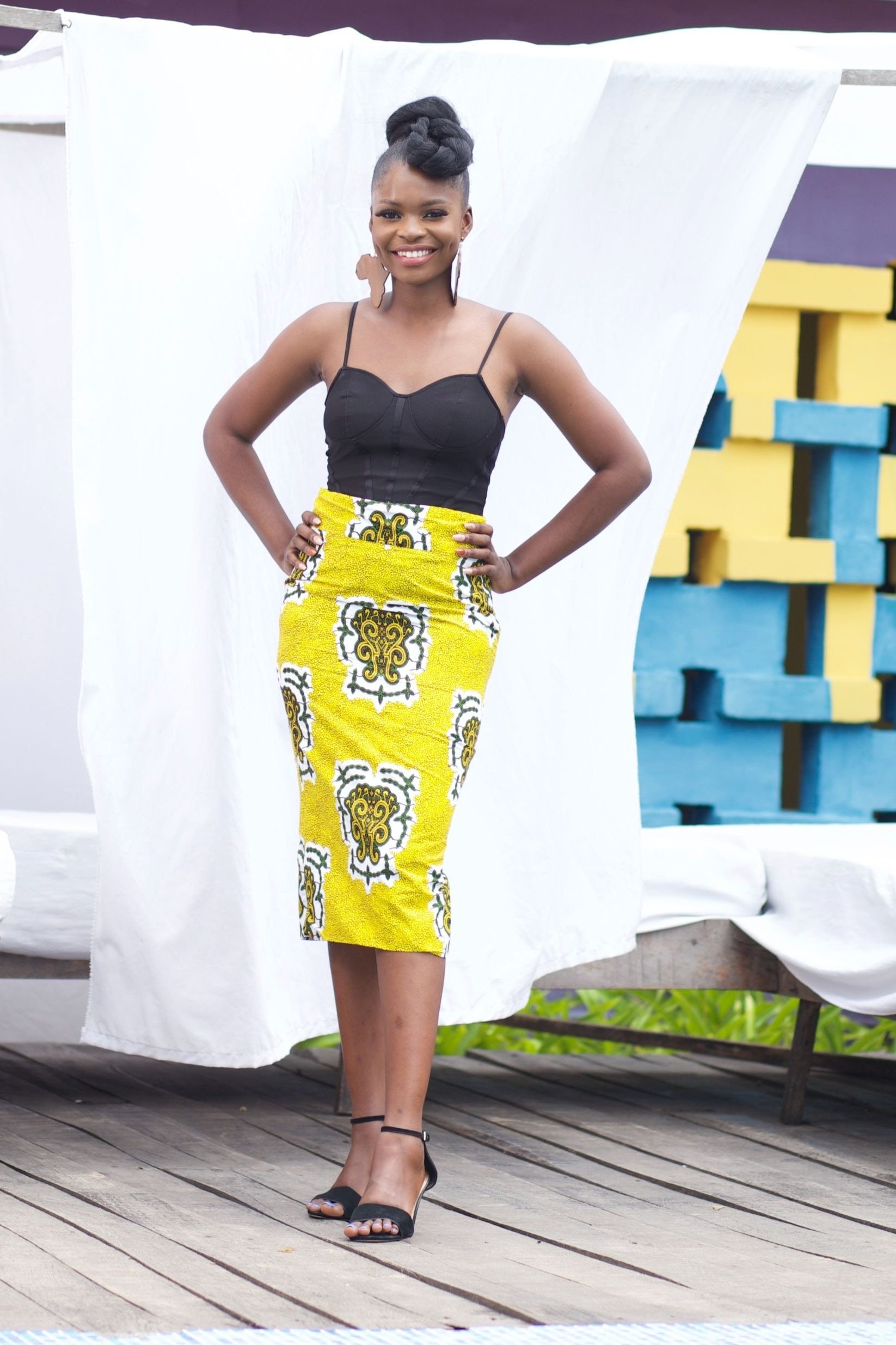 Image of African Midi Skirt, Pencil Ankara Skirt, Yellow Skirt - Aanu