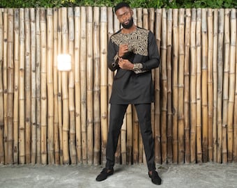GBEMI Herren African Print Anzug | Schwarz & Gold Ankara | Langarm | Größen S–4XL | Handgefertigt in Nigeria
